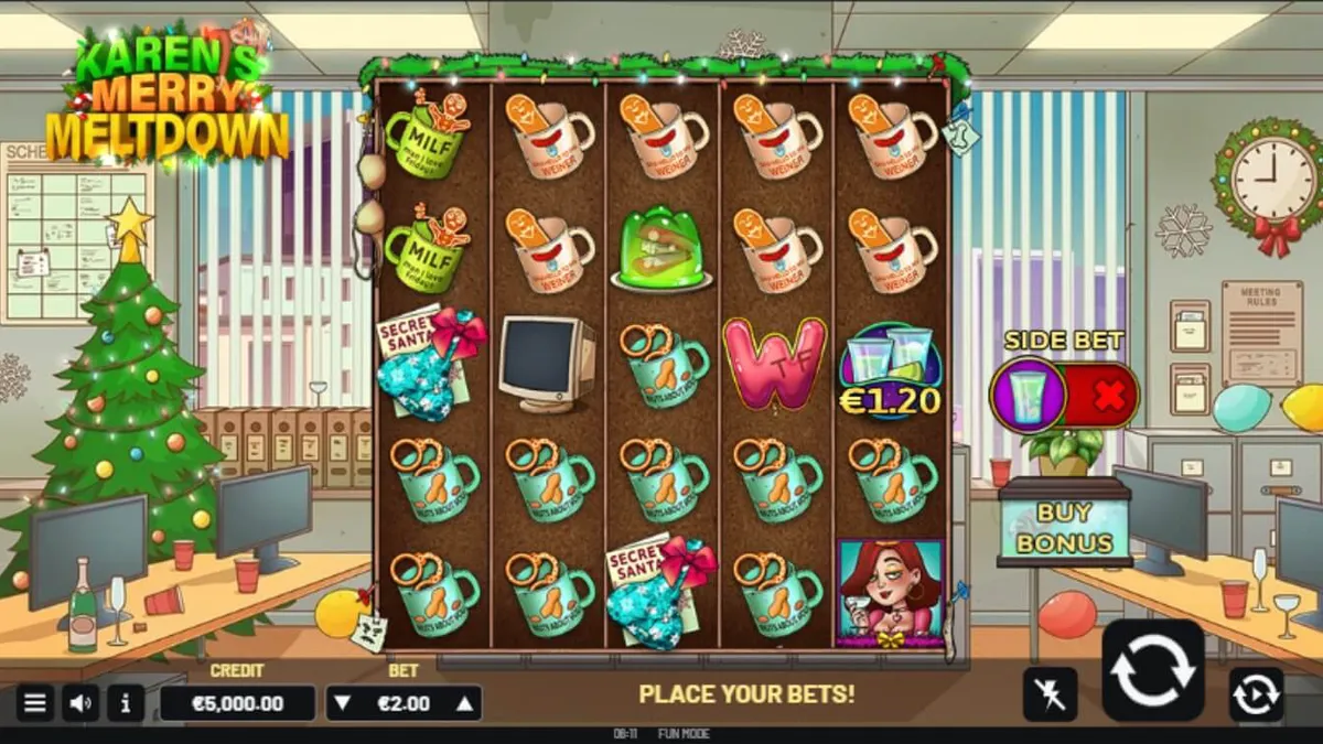 Tampilan visual slot Karen’s Merry Meltdown dengan tema pesta kantor Natal yang kacau.