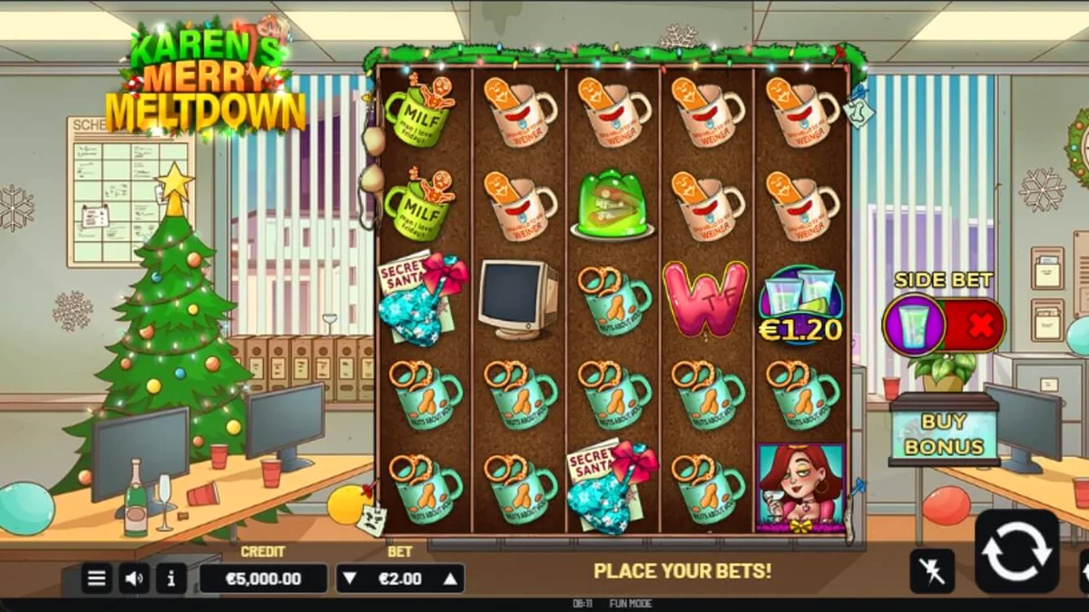 Tampilan visual slot Karen’s Merry Meltdown dengan tema pesta kantor Natal yang kacau.