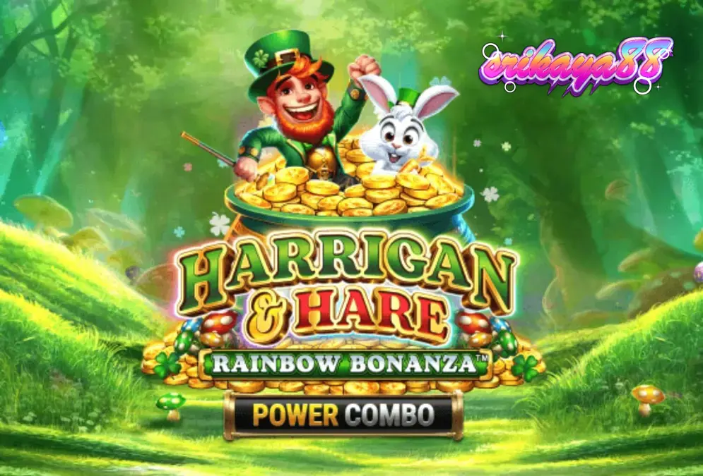 Tampilan visual slot Harrigan & Hare Rainbow Bonanza Power Combo dengan latar belakang perbukitan Irlandia.